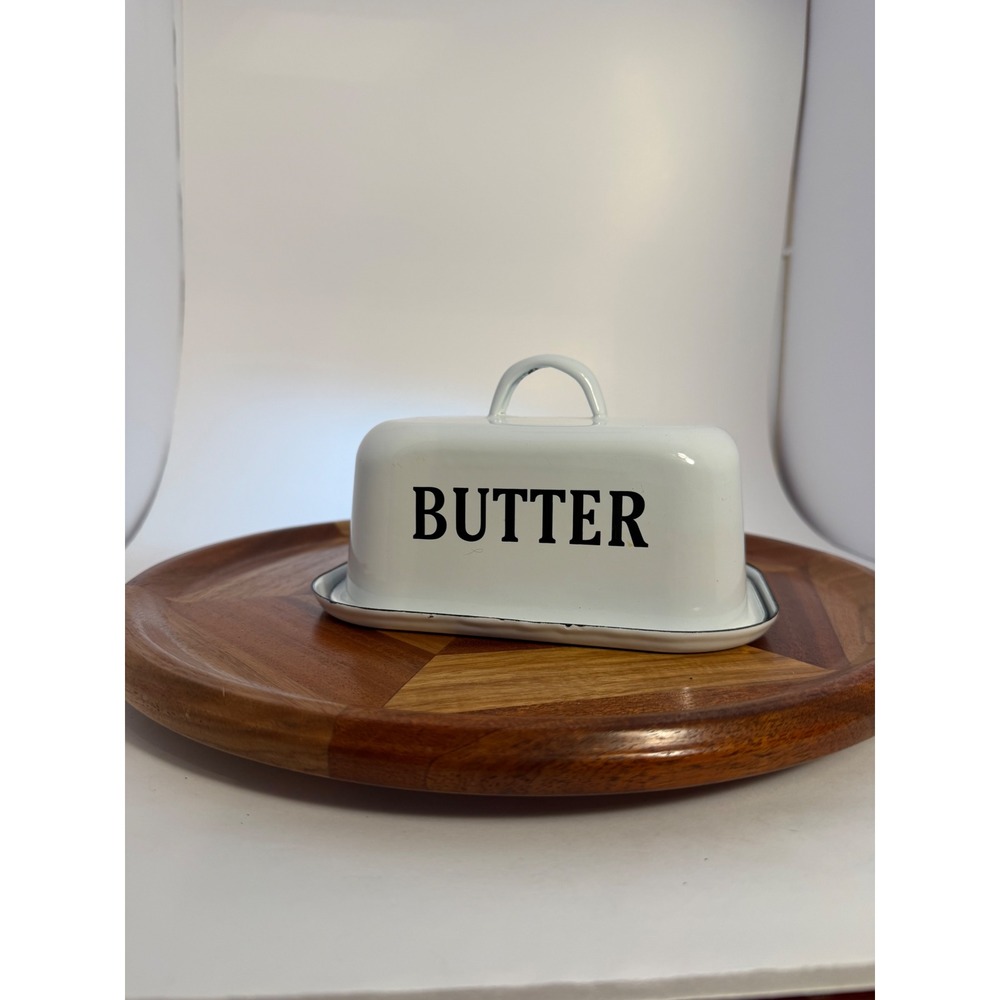 Vintage Farmhouse White Enamel Butter Dish with Lid and Handle Black Rim 6 inch